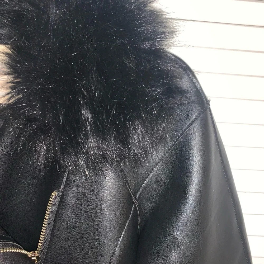 Kimchi Blue Faux Leather Black Jacket with Faux Fur Neck - Picture 5 of 12